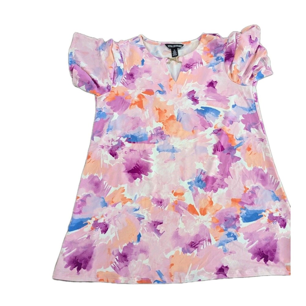 Nina Leonard Womens XS Floral Print Cutout‎ V-Neck Short Sleeve Blouse Top Pink